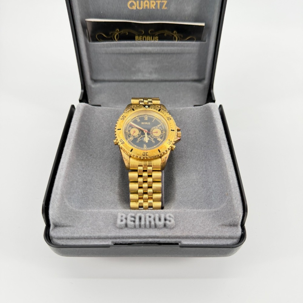 Vintage Benrus Moon Phase Watch Gold-Tone Rotating Bezel Men's Watch